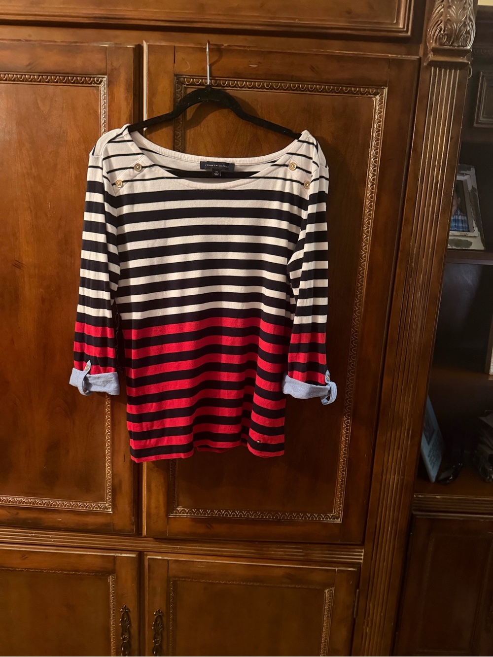 Tommy Hilfiger Striped Boatneck Top in Red, Black & White